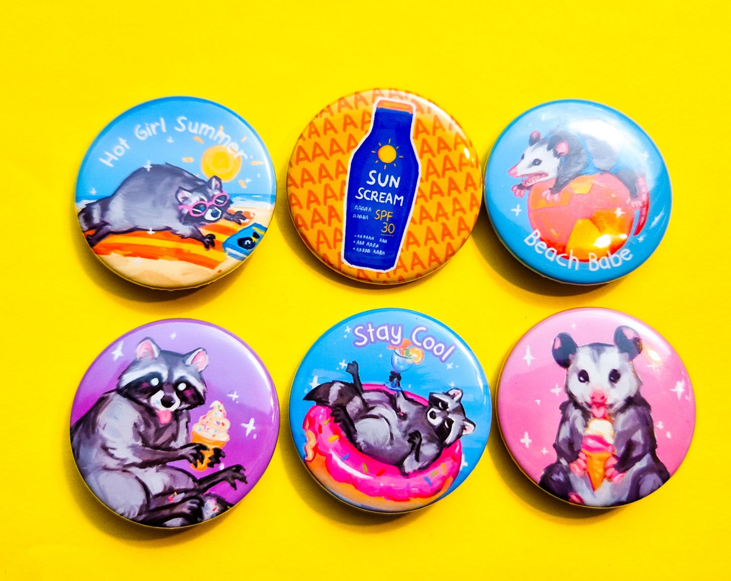Summer Possum and Beach Raccoon Buttons