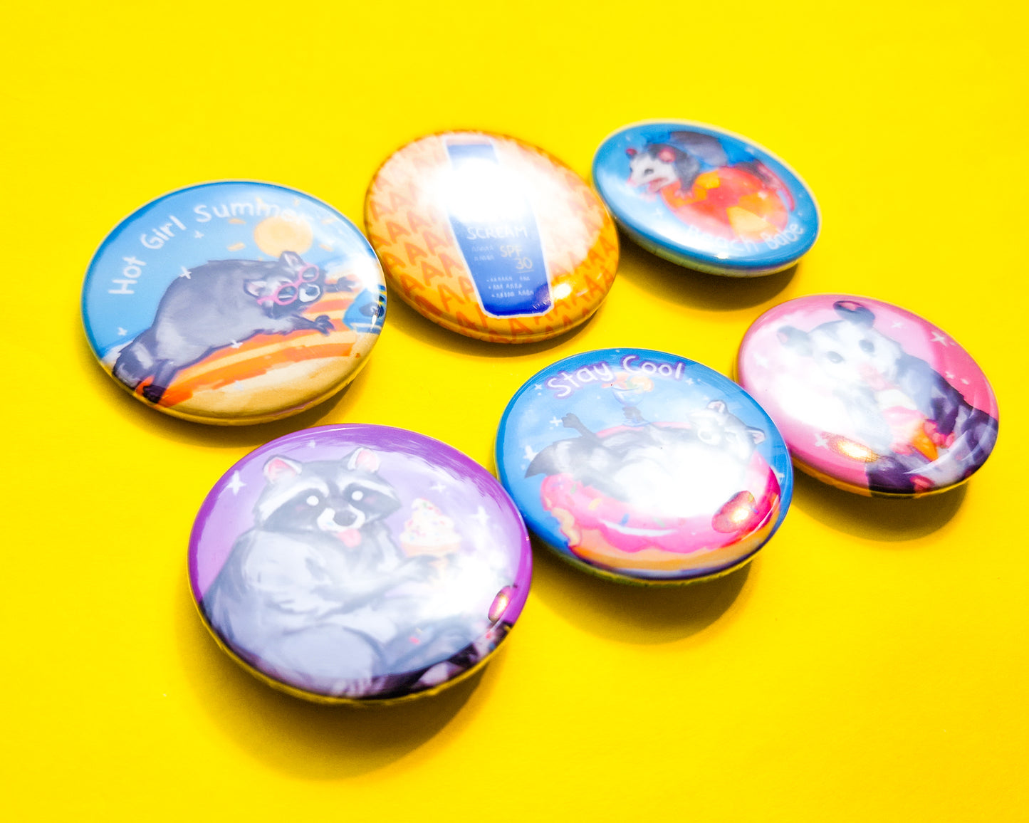 Summer Possum and Beach Raccoon Buttons