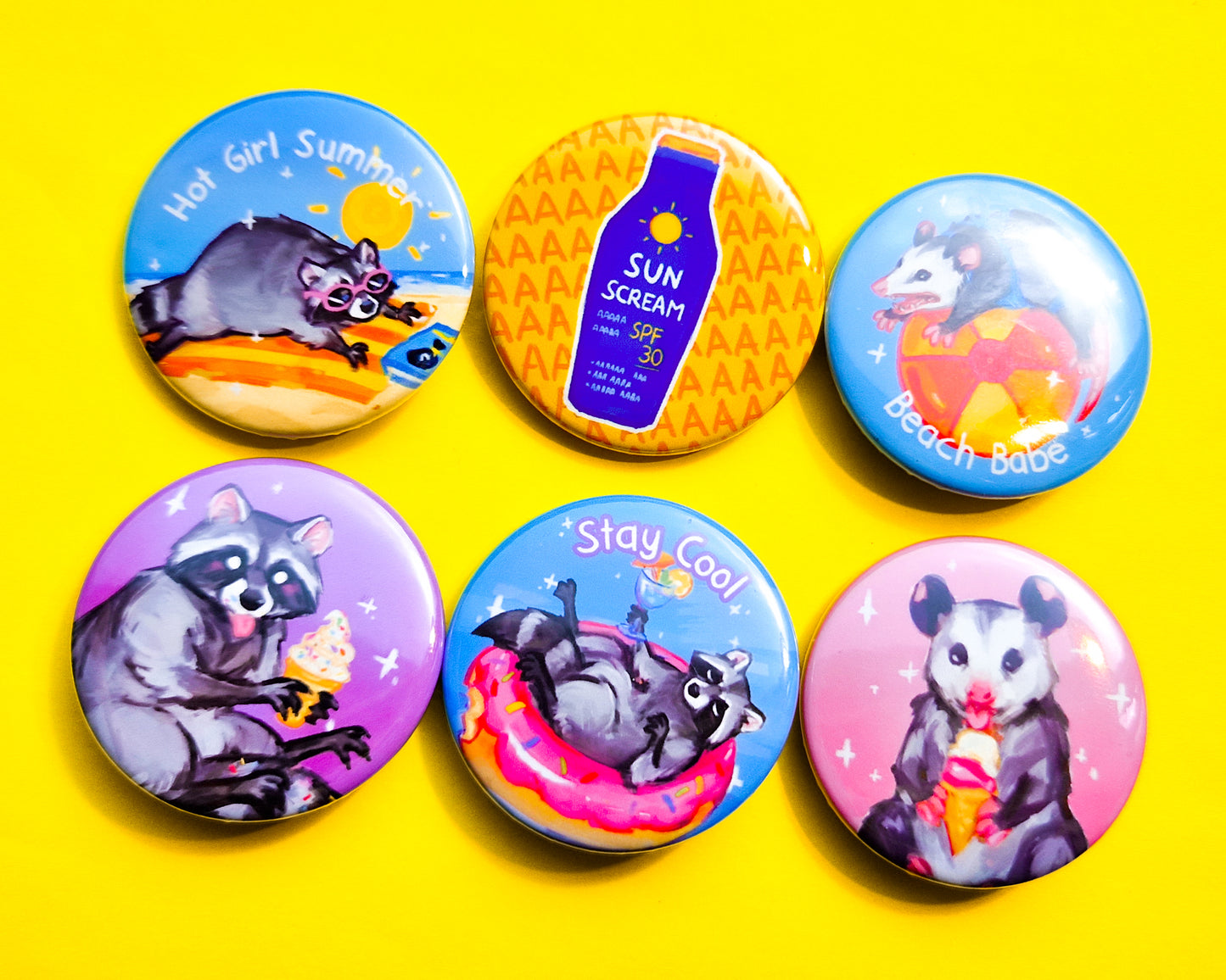 Summer Possum and Beach Raccoon Buttons