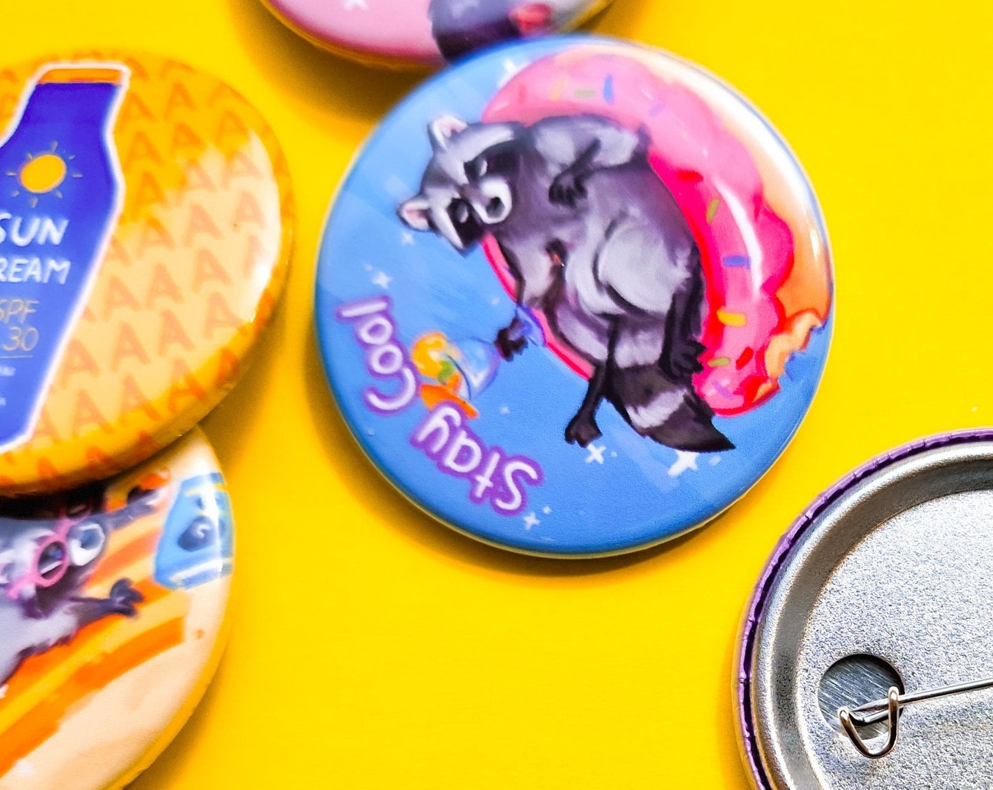 Summer Possum and Beach Raccoon Buttons