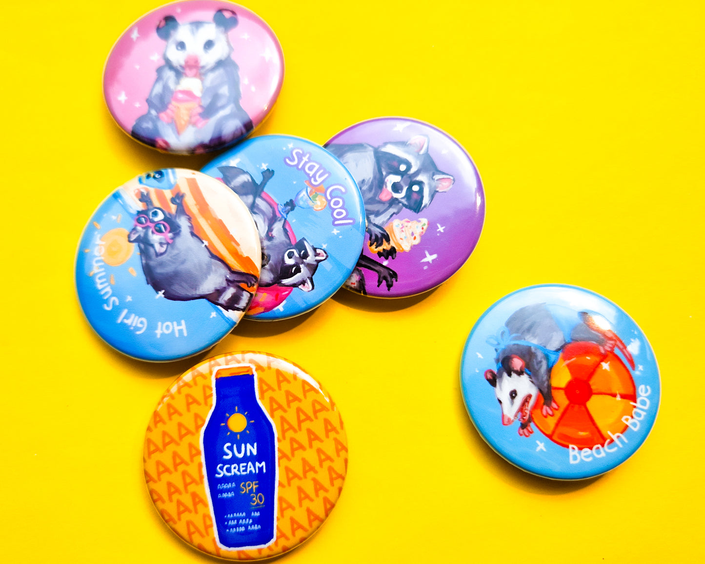 Summer Possum and Beach Raccoon Buttons