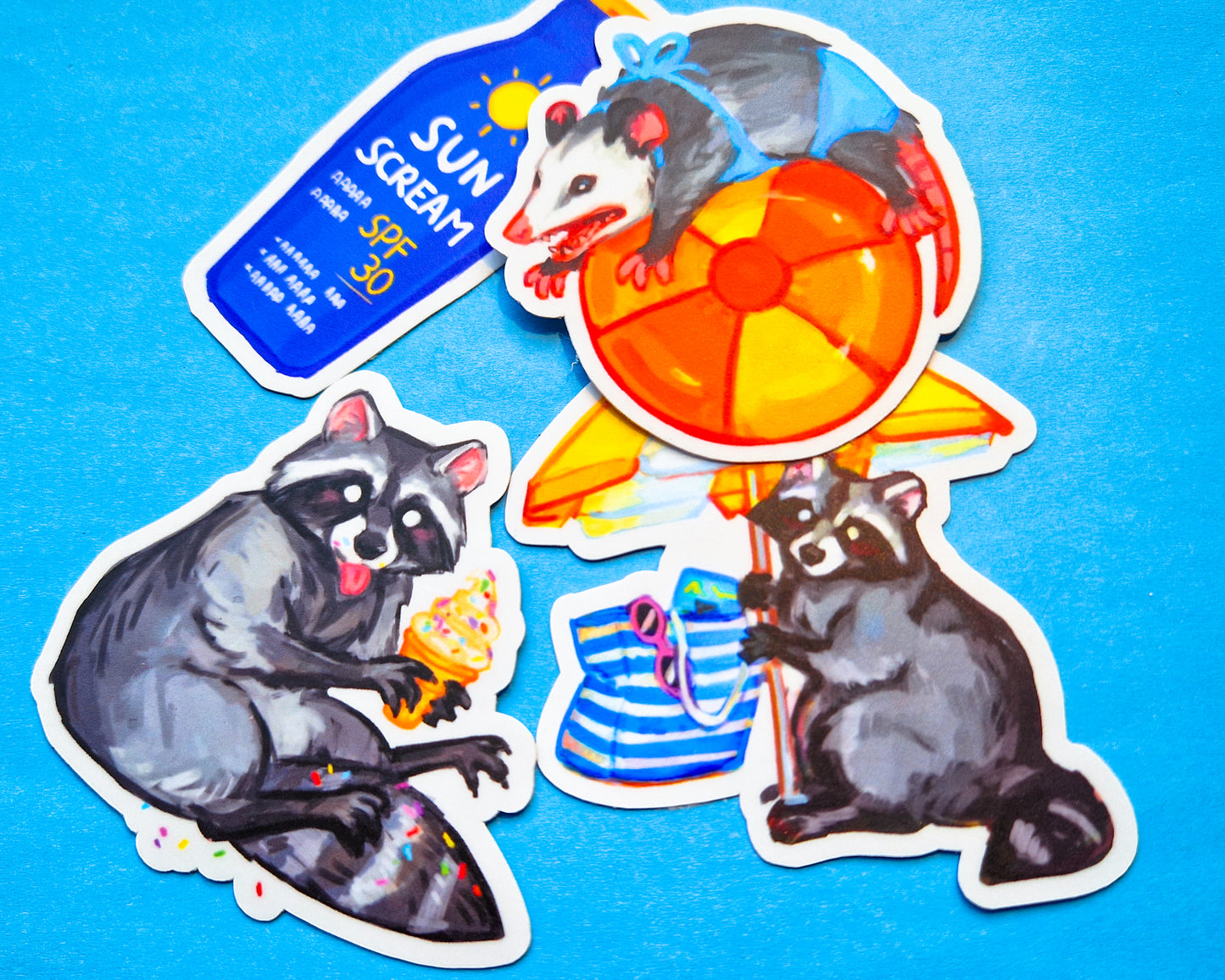 Summer Possum and Beach Raccoon - Weatherproof Vinyl Stickers