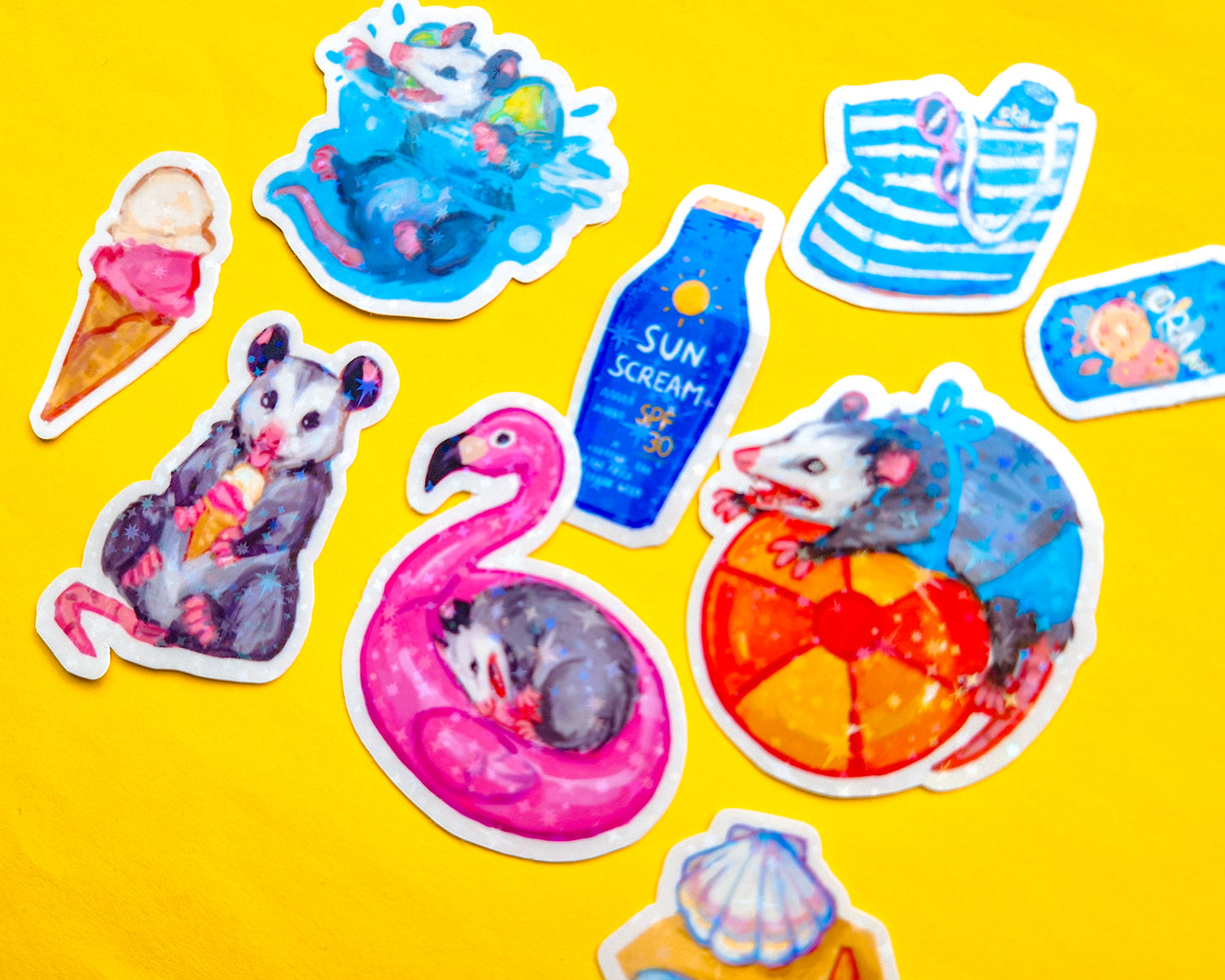 Summer Possum Sticker Pack - 8 Holographic Vinyl Stickers