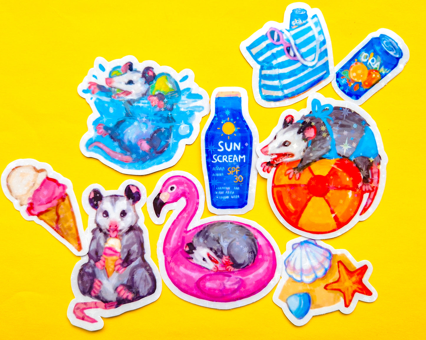 Summer Possum Sticker Pack - 8 Holographic Vinyl Stickers