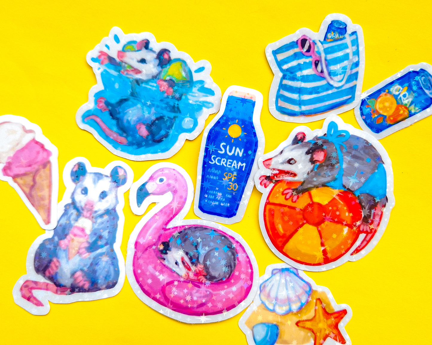 Summer Possum Sticker Pack - 8 Holographic Vinyl Stickers