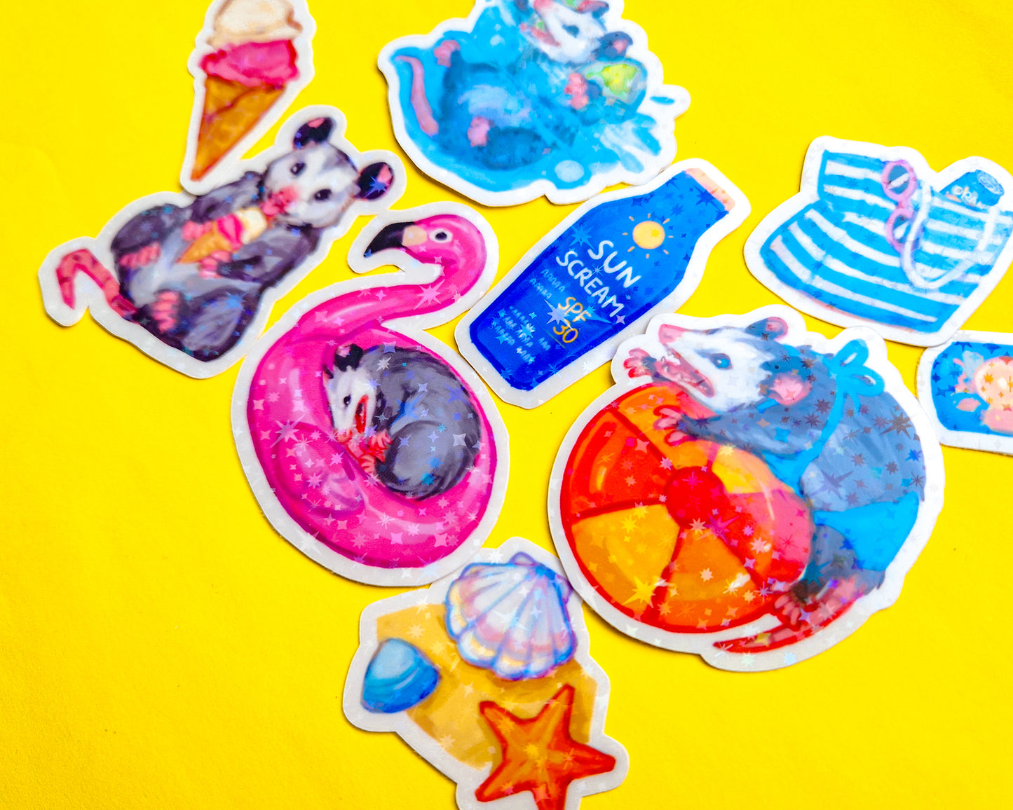 Summer Possum Sticker Pack - 8 Holographic Vinyl Stickers