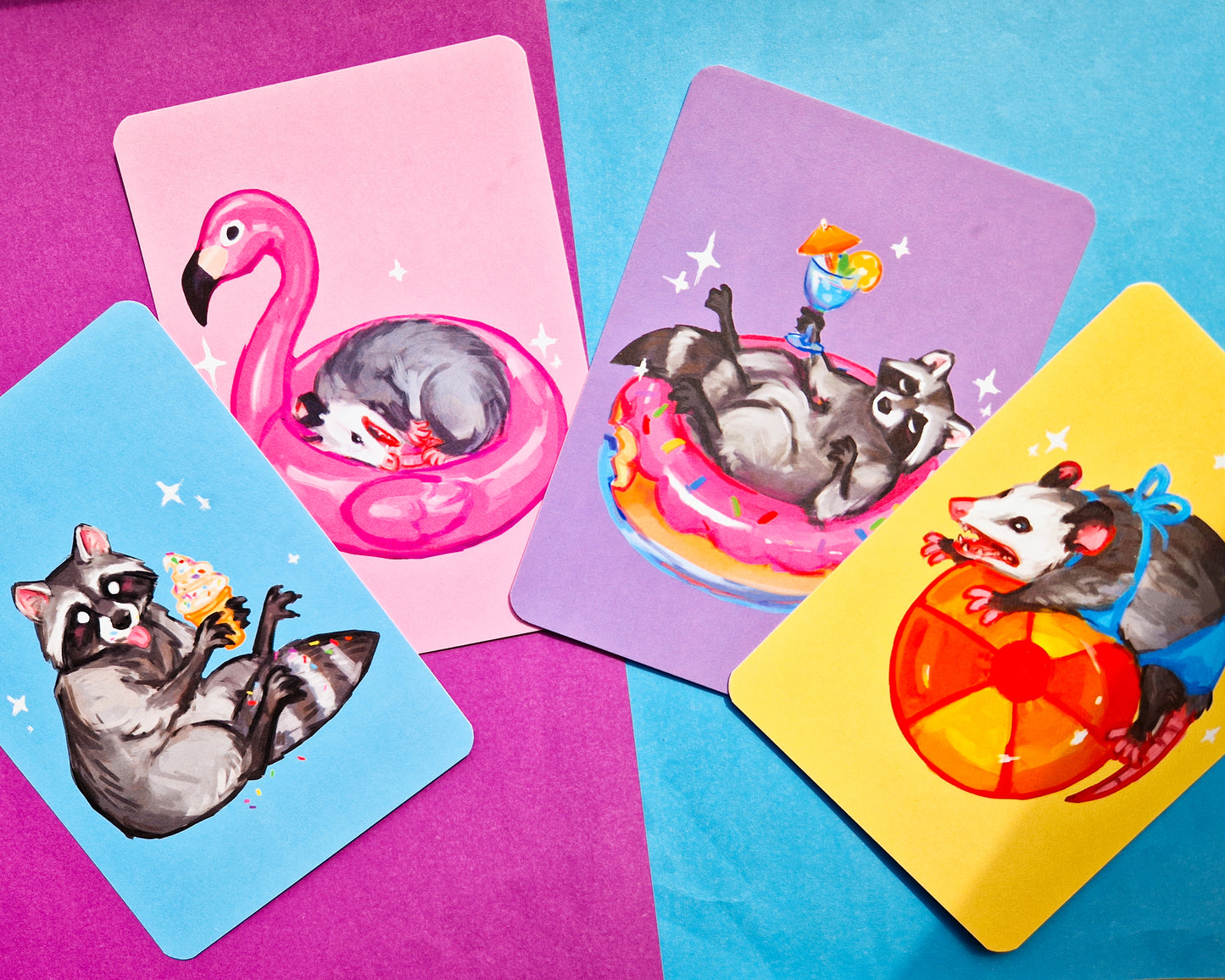 Beach Day Postcards - A6 size - Summer Possum and Beach Raccoon