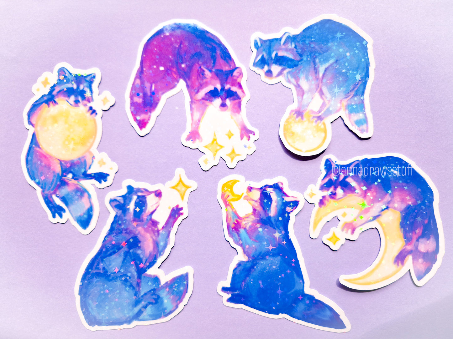 Moon Raccoons Sticker Pack - 6 Holographic Vinyl Stickers