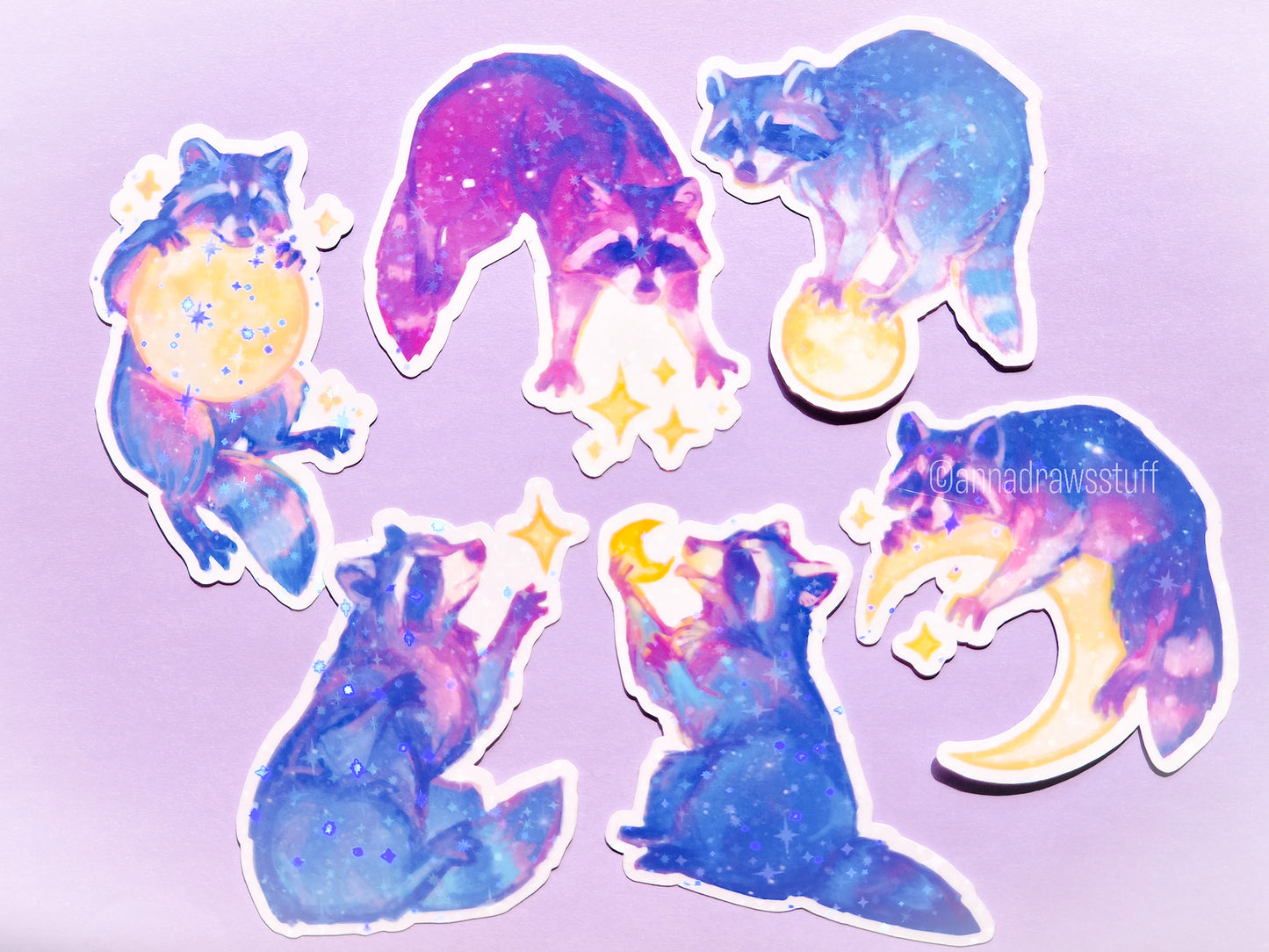 Moon Raccoons Sticker Pack - 6 Holographic Vinyl Stickers