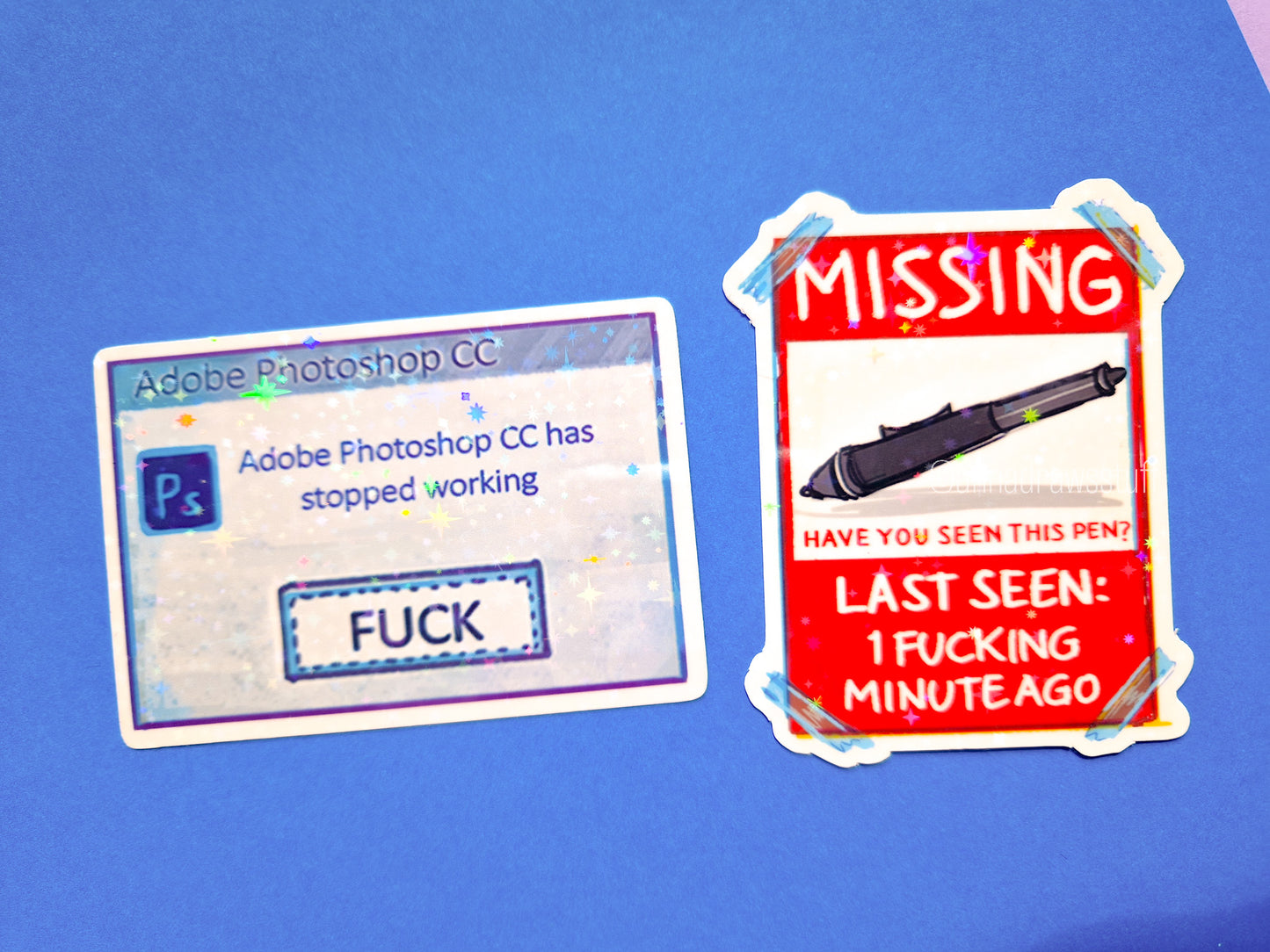 Missing Pen and PS Stopped Working Stickers - Holographic Vinyl Stickers
