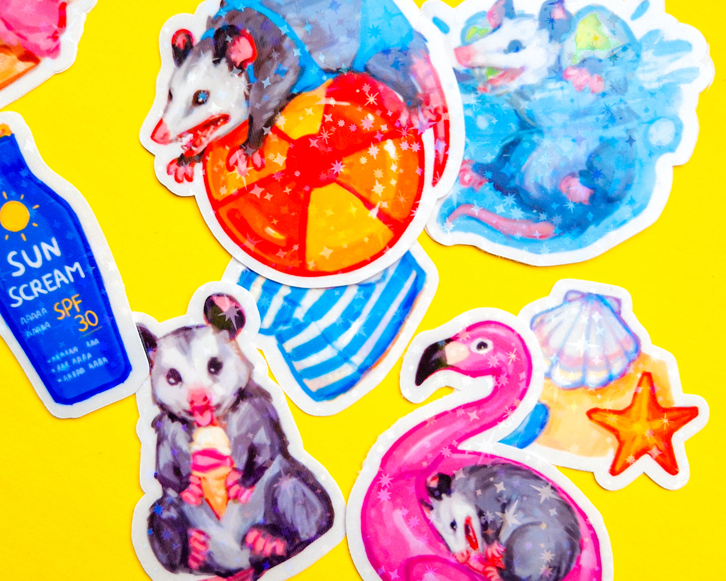 Summer Possum Sticker Pack - 8 Holographic Vinyl Stickers
