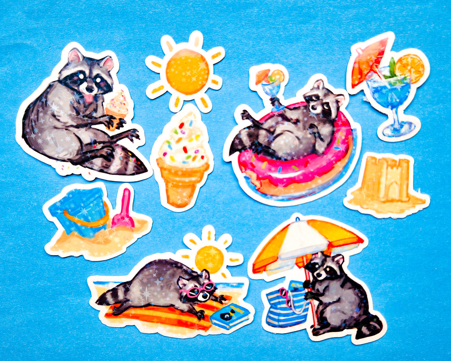 Beach Raccoon Sticker Pack - 9 Holographic Vinyl Stickers – annadrawsstuff