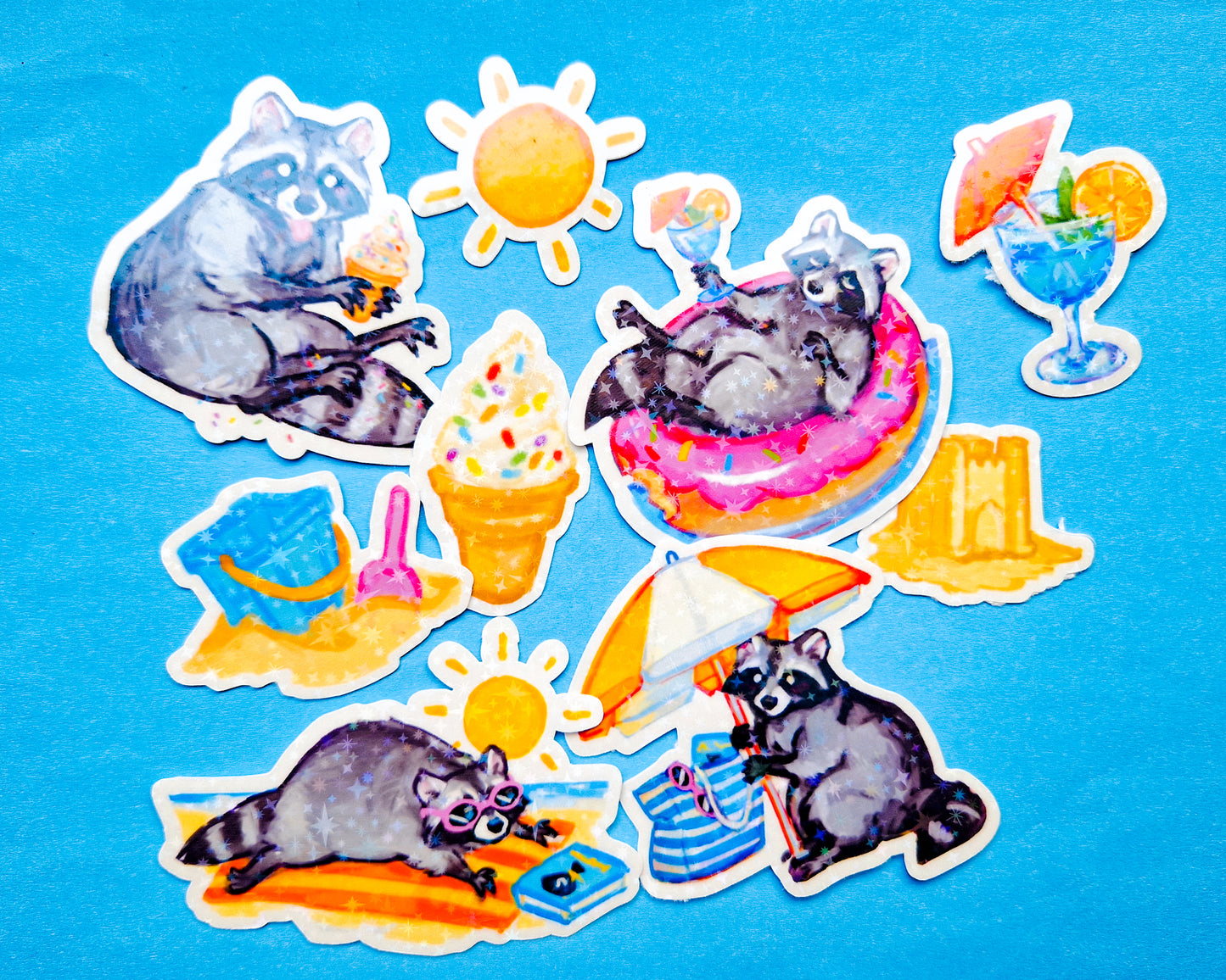 Beach Raccoon Sticker Pack - 9 Holographic Vinyl Stickers
