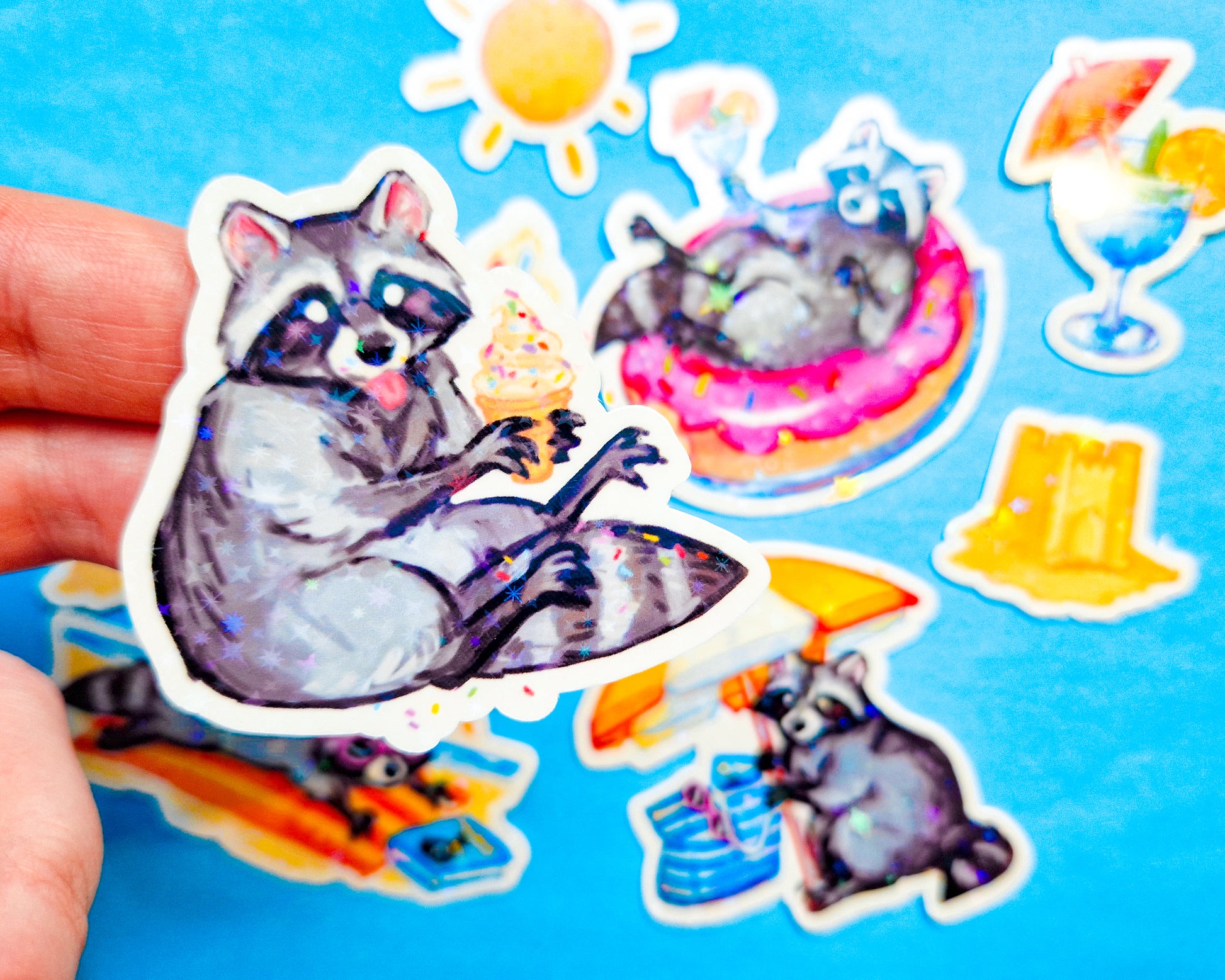 Beach Raccoon Sticker Pack - 9 Holographic Vinyl Stickers – annadrawsstuff