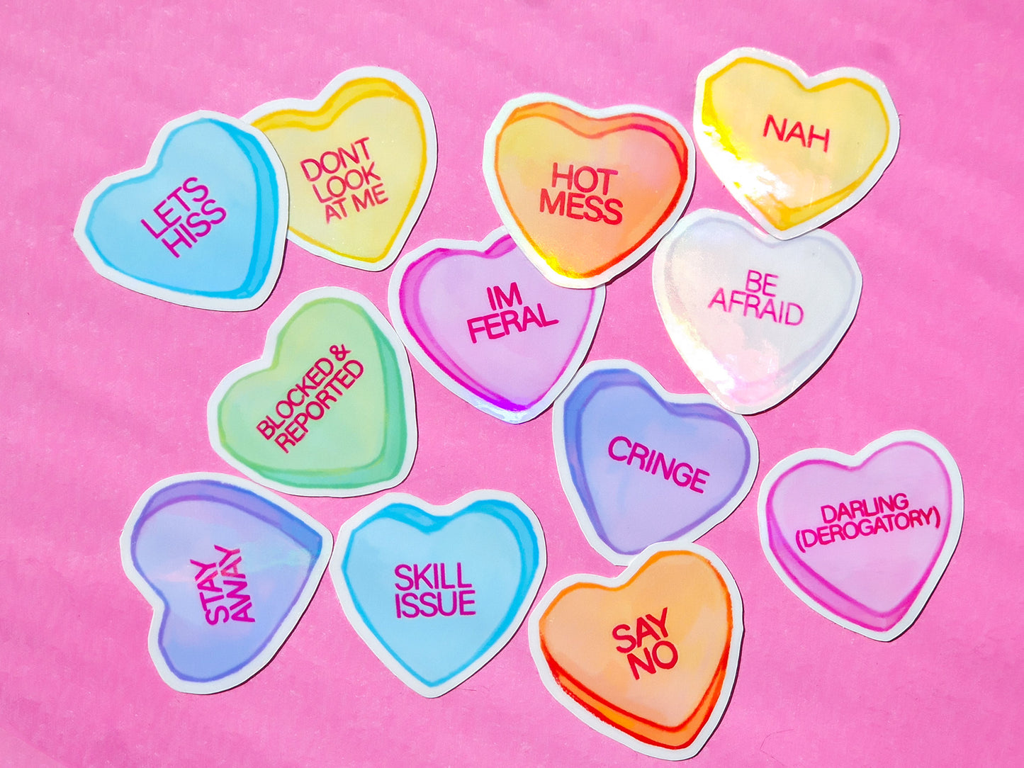 Rude Candy Hearts Sticker Pack - 12 Holographic Vinyl Stickers