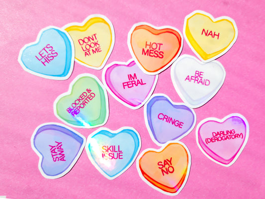 Rude Candy Hearts Sticker Pack - 12 Holographic Vinyl Stickers