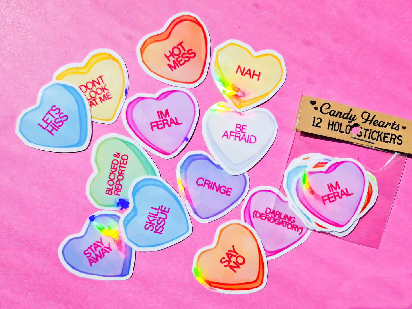 Rude Candy Hearts Sticker Pack - 12 Holographic Vinyl Stickers