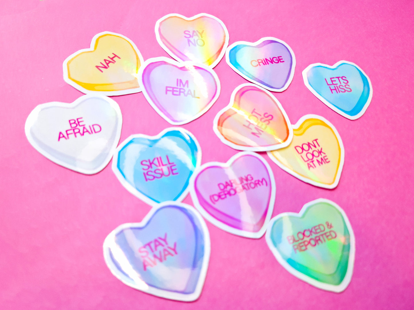 Rude Candy Hearts Sticker Pack - 12 Holographic Vinyl Stickers