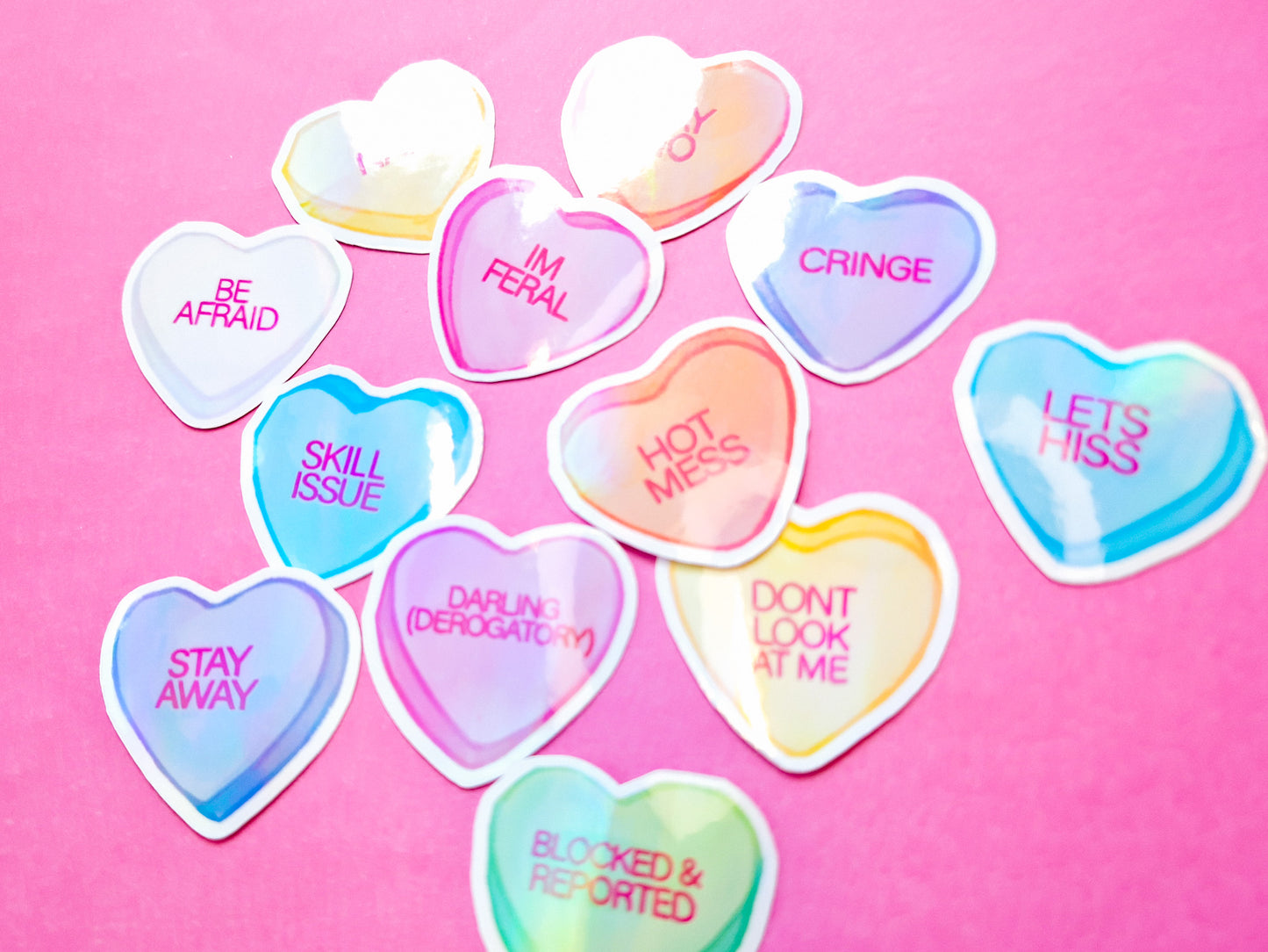 Rude Candy Hearts Sticker Pack - 12 Holographic Vinyl Stickers