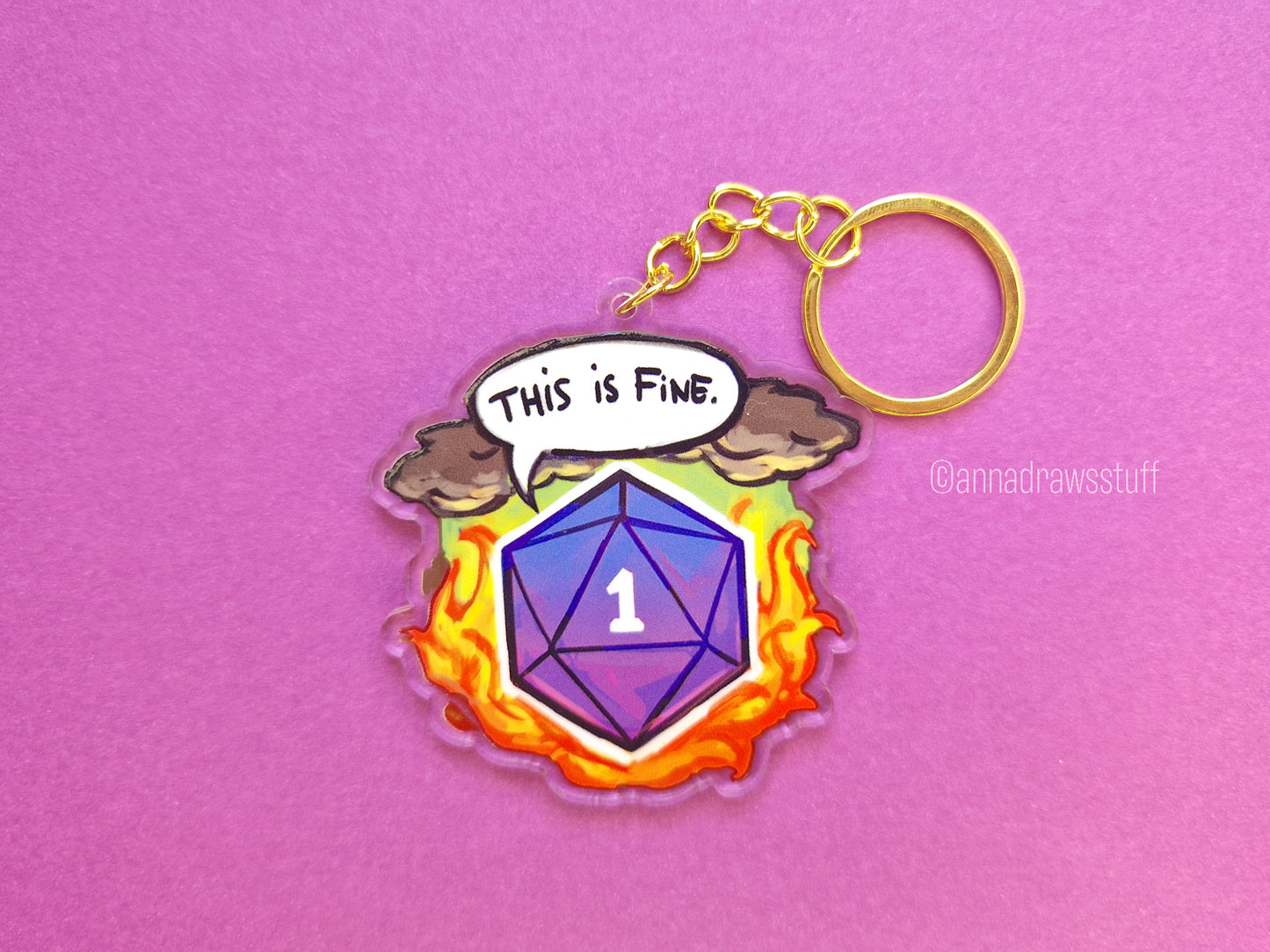 This Is Fine D20 Keychain