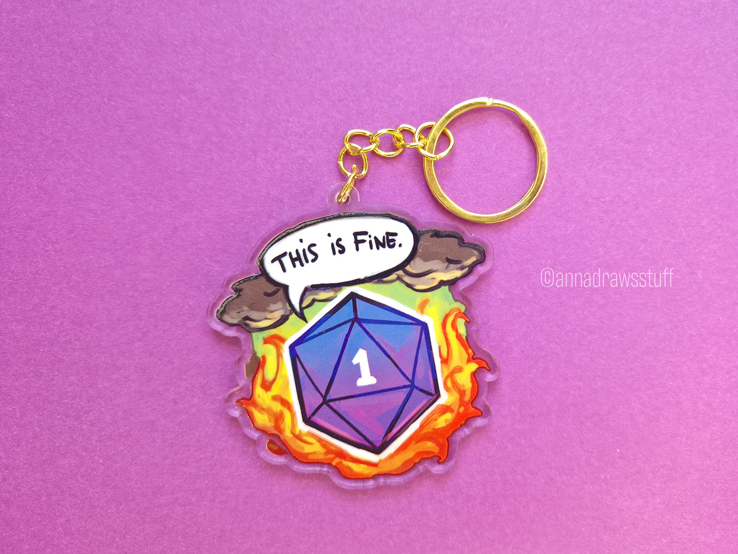This Is Fine D20 Keychain