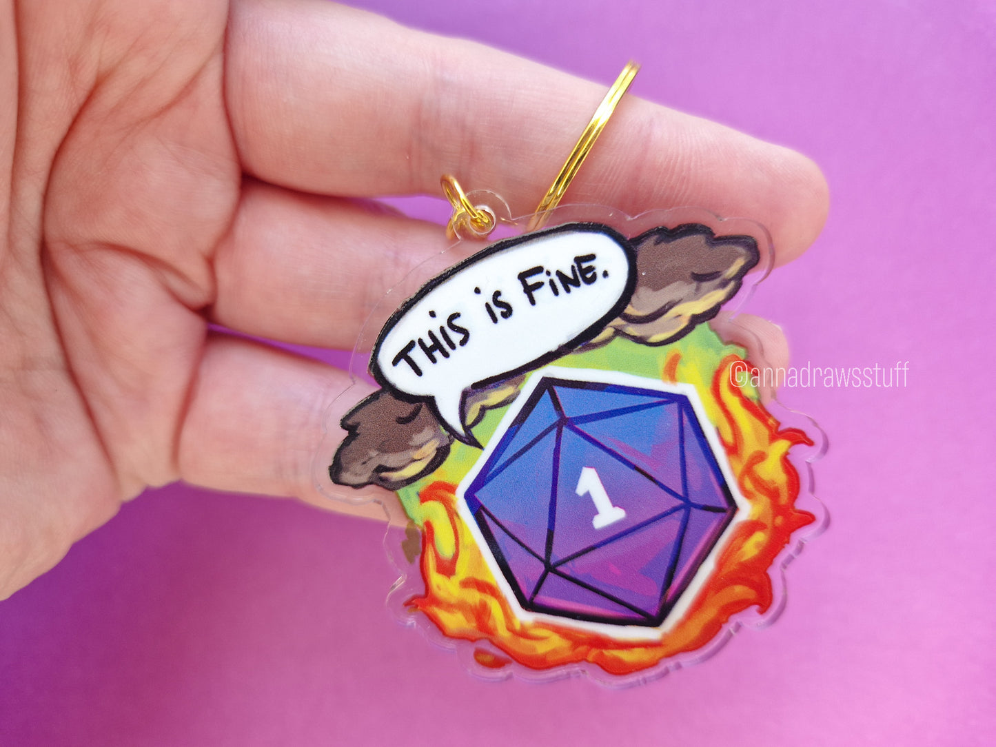 This Is Fine D20 Keychain