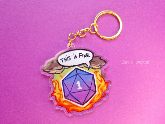 This Is Fine D20 Keychain