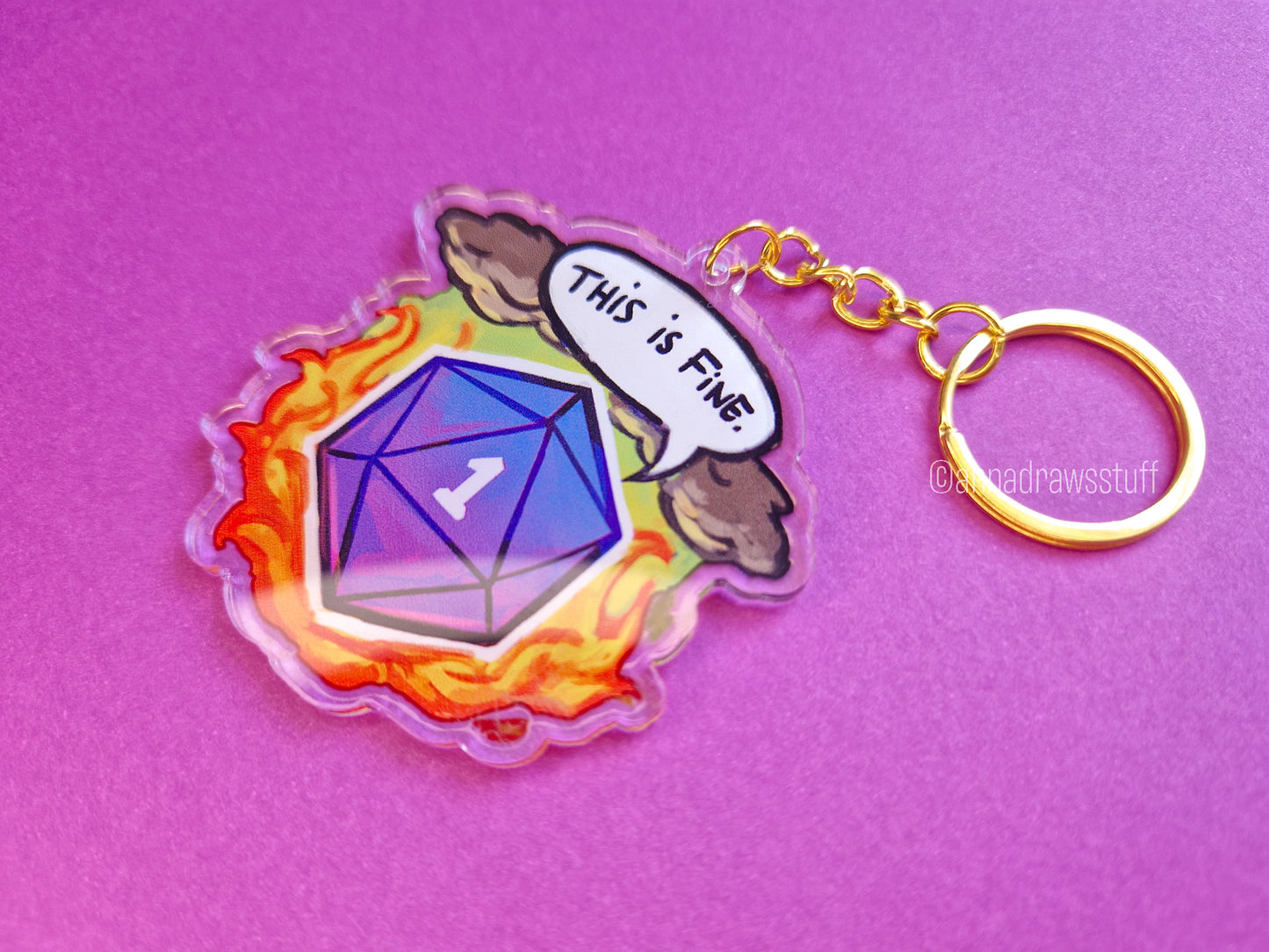 This Is Fine D20 Keychain