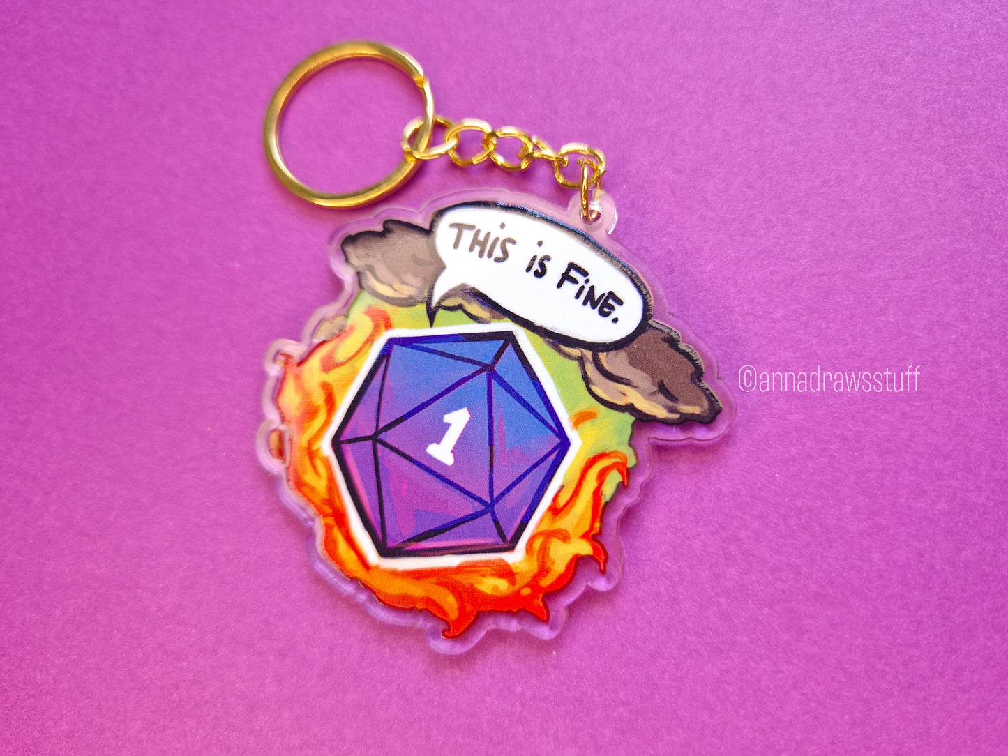 This Is Fine D20 Keychain