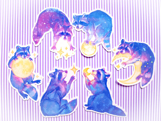 Moon Raccoons Sticker Pack - 6 Holographic Vinyl Stickers