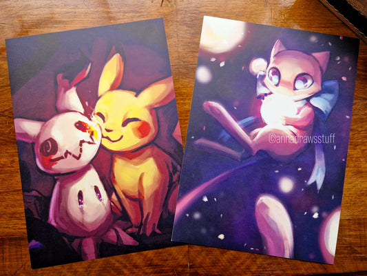 Mew + Mimikyu & Pikachu Art Prints - A4 (letter) or A6 (postcard) size