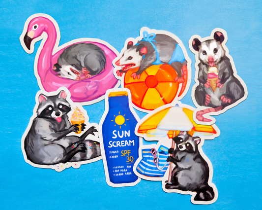 Summer Possum and Beach Raccoon - Weatherproof Vinyl Stickers