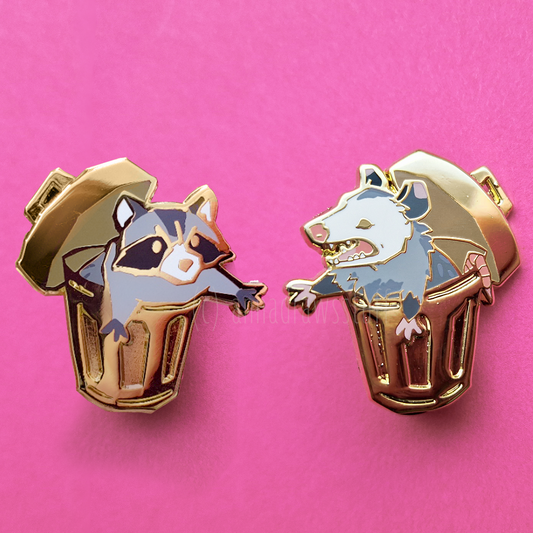 Possum And Raccoon In Trashcan Set  - Hard Enamel Pin - Trash Dwellers