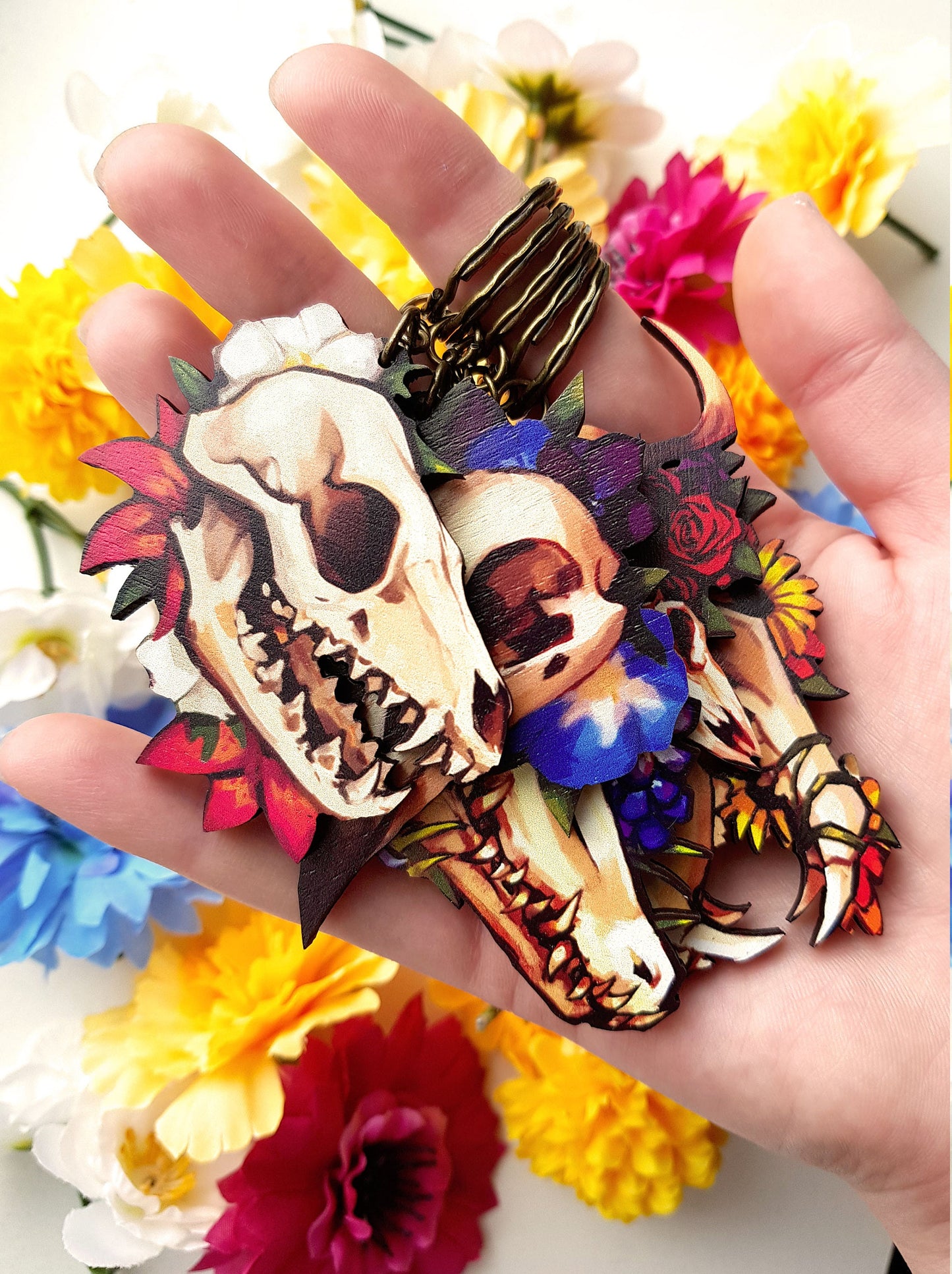 Wooden Crow Bird Skull and Flowers Keychain