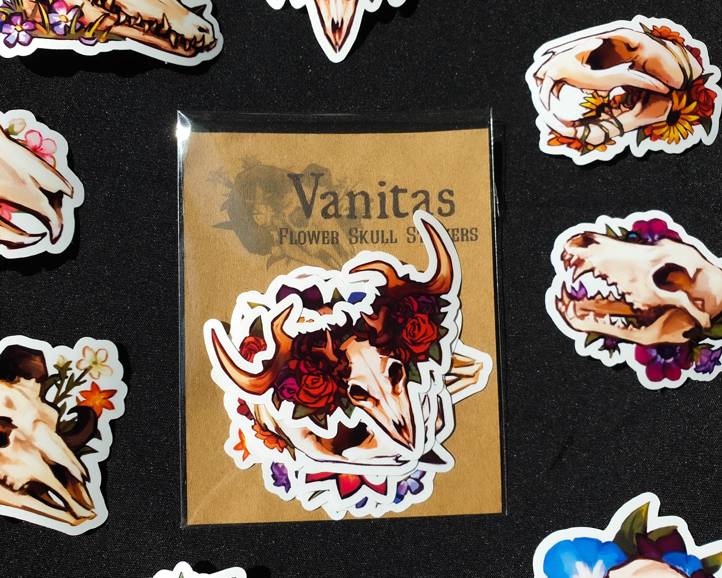 Vanitas - Animal Flower Skull Sticker Pack - 9 Matte Vinyl Stickers