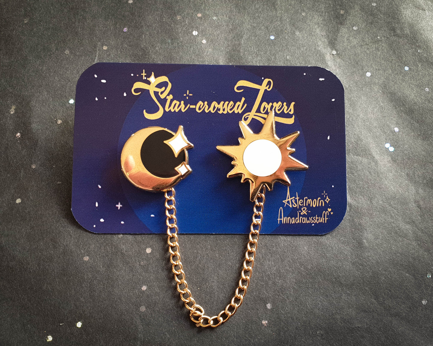 Sun And Moon Collar Pins - Hard Enamel Pin Set - Star-crossed Lovers (Collaboration by Astermorn and Annadrawsstuff)
