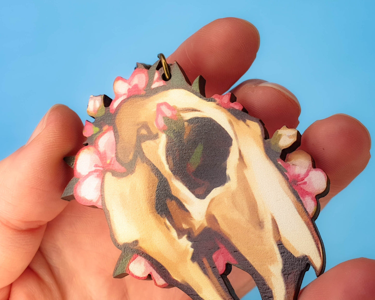 Wooden Rabbit Skull and Flowers Keychain