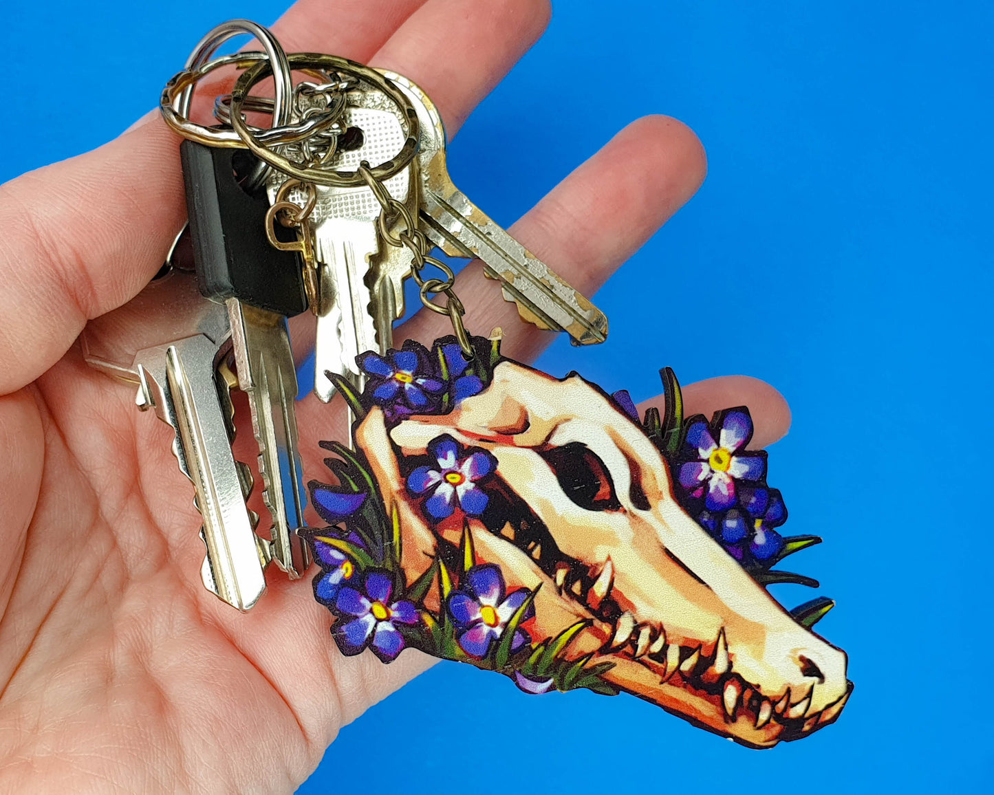 Wooden Crocodile Skull and Flowers Keychain