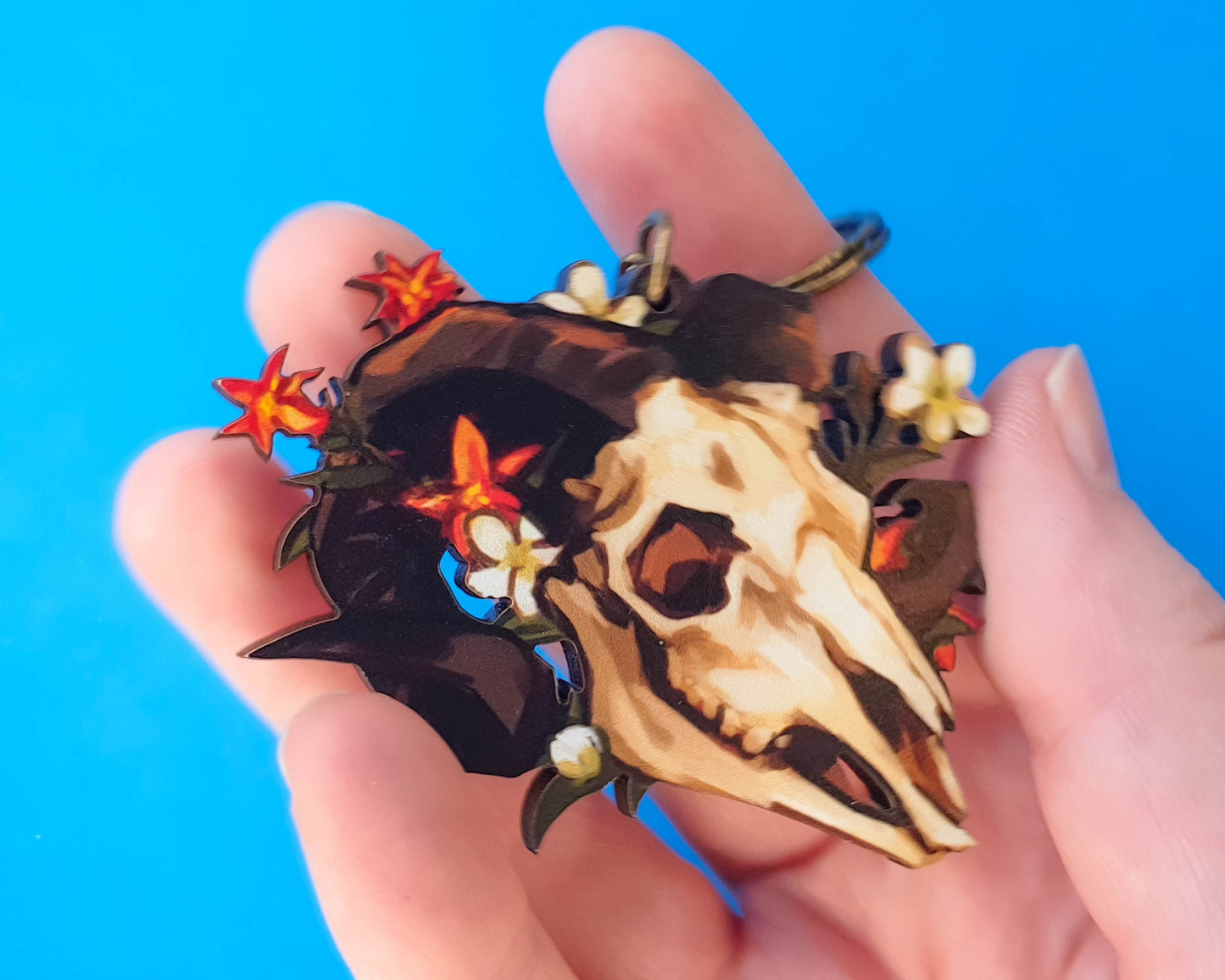 Wooden Ram Skull and Flowers Keychain