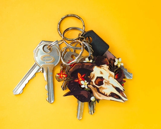 Wooden Ram Skull and Flowers Keychain