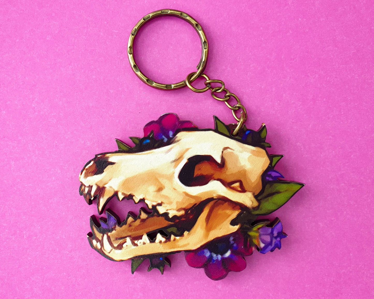 Wooden Wolf Skull and Flowers Keychain