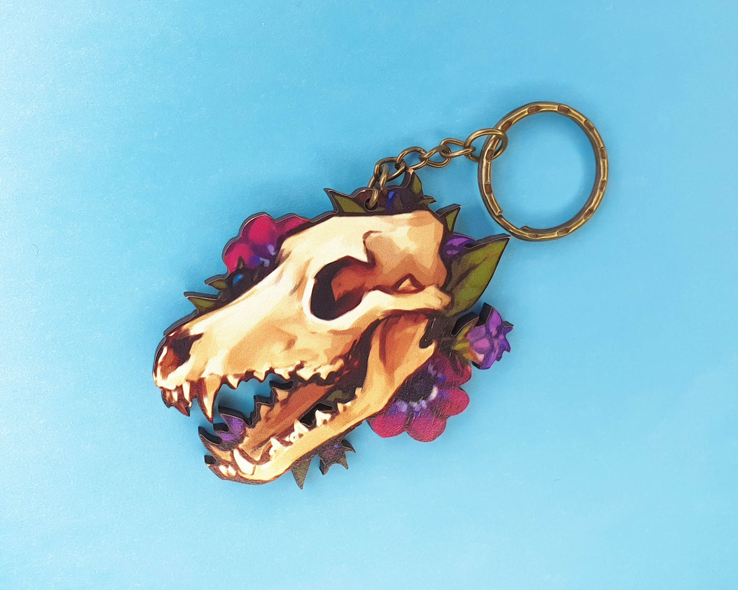 Wooden Wolf Skull and Flowers Keychain