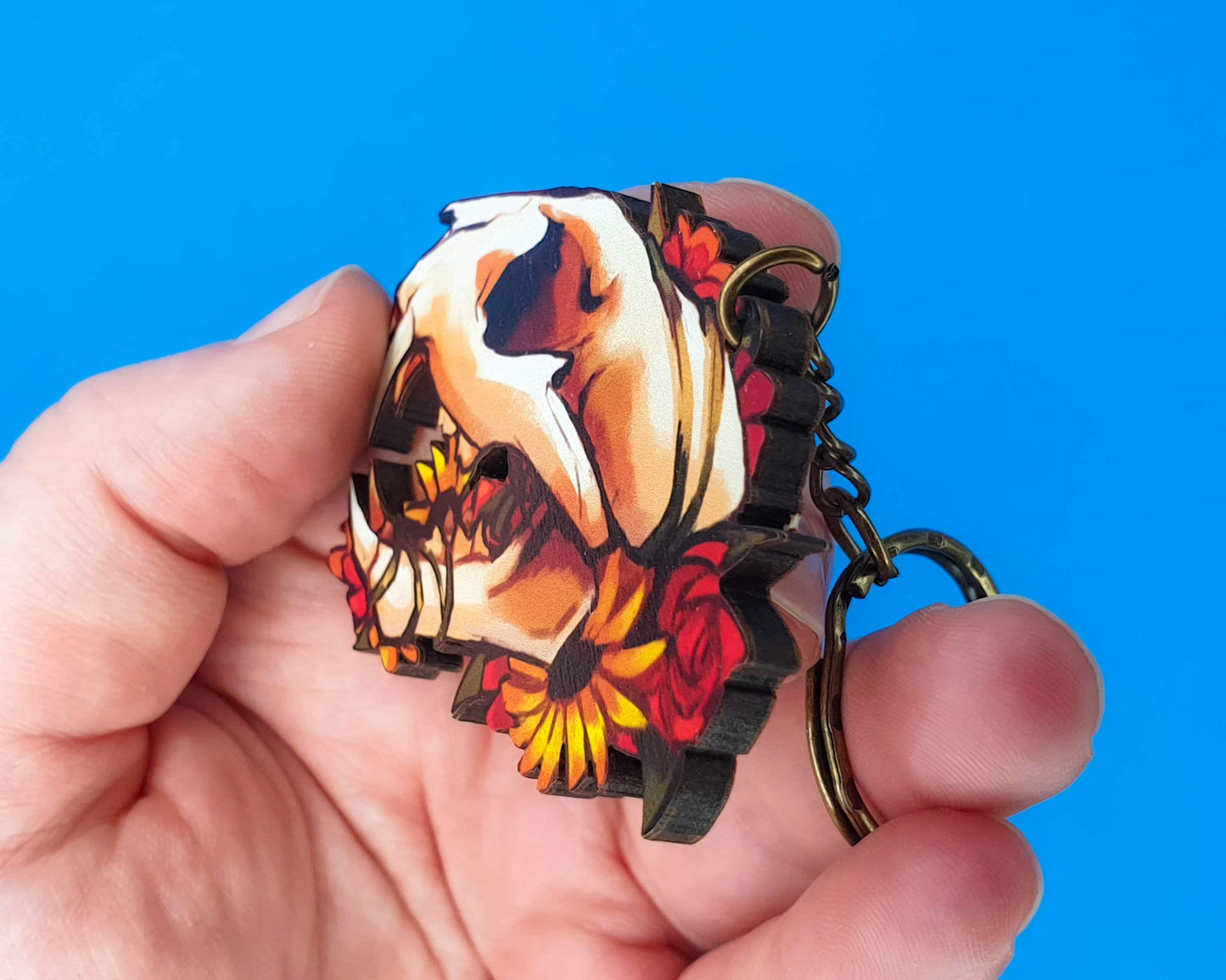 Wooden Cat Skull and Flowers Keychain