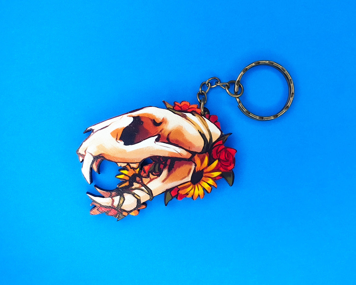 Wooden Cat Skull and Flowers Keychain