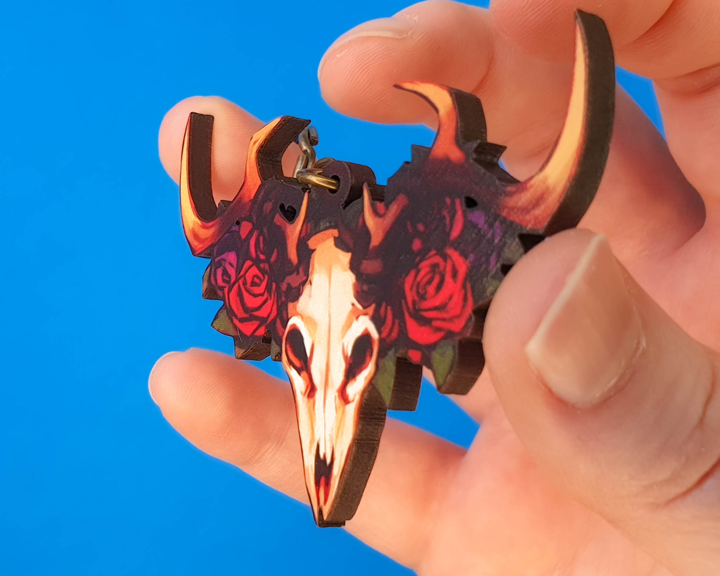 Wooden Deer Skull and Roses Keychain
