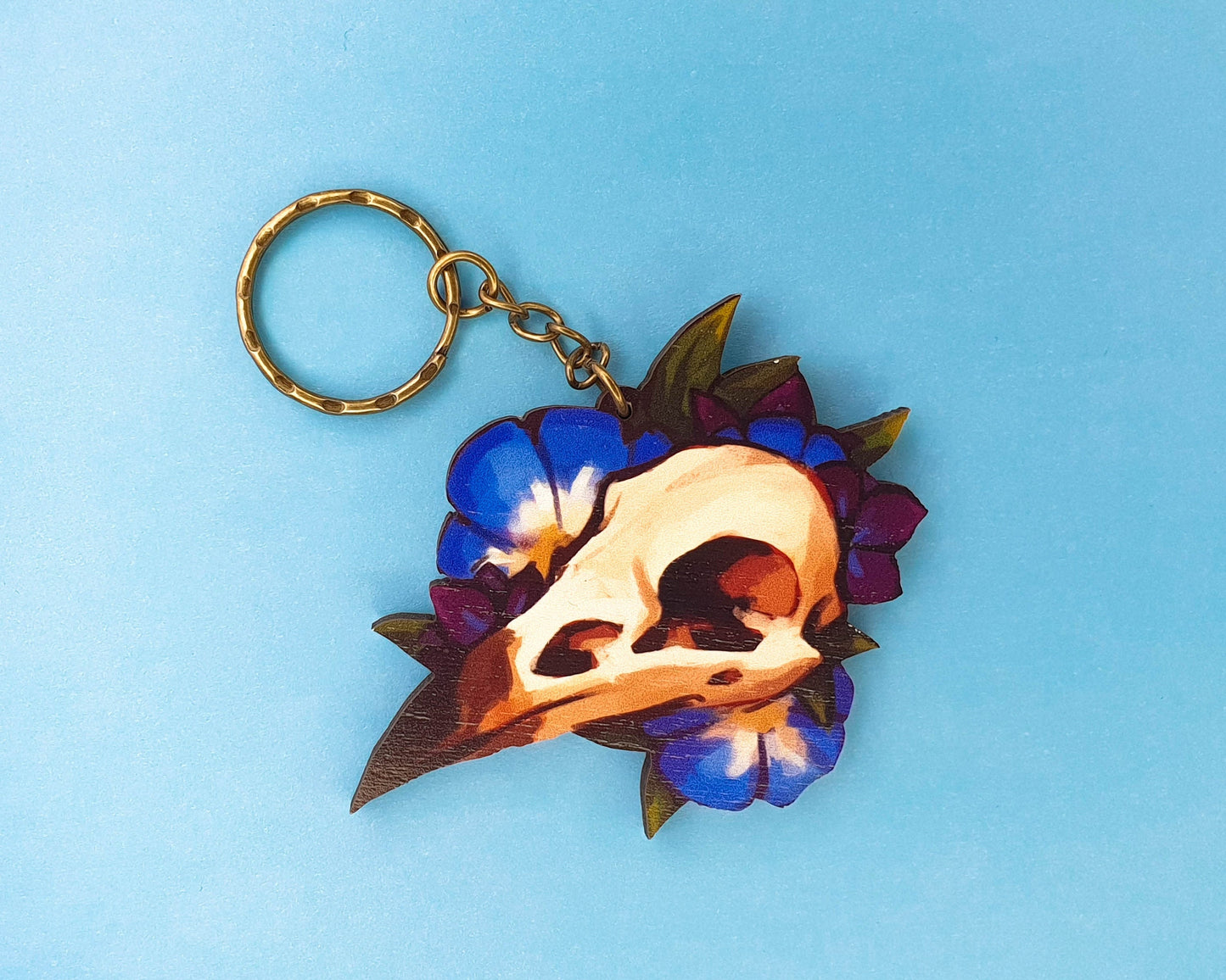 Wooden Crow Bird Skull and Flowers Keychain