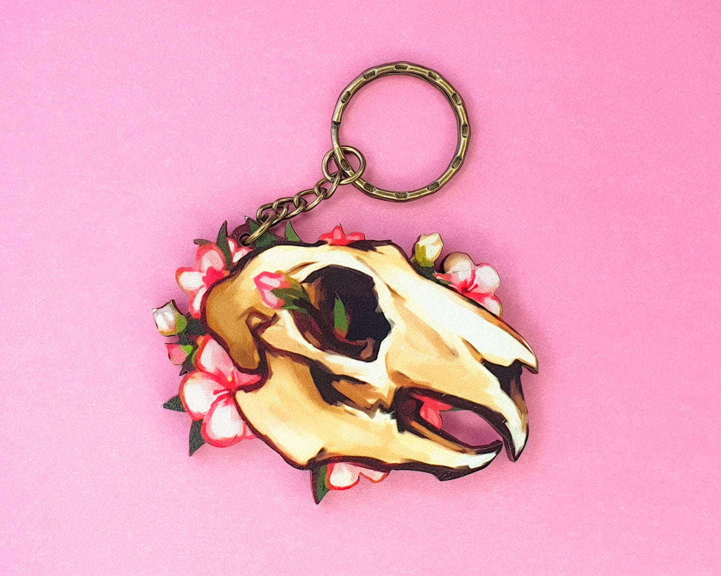 Wooden Rabbit Skull and Flowers Keychain