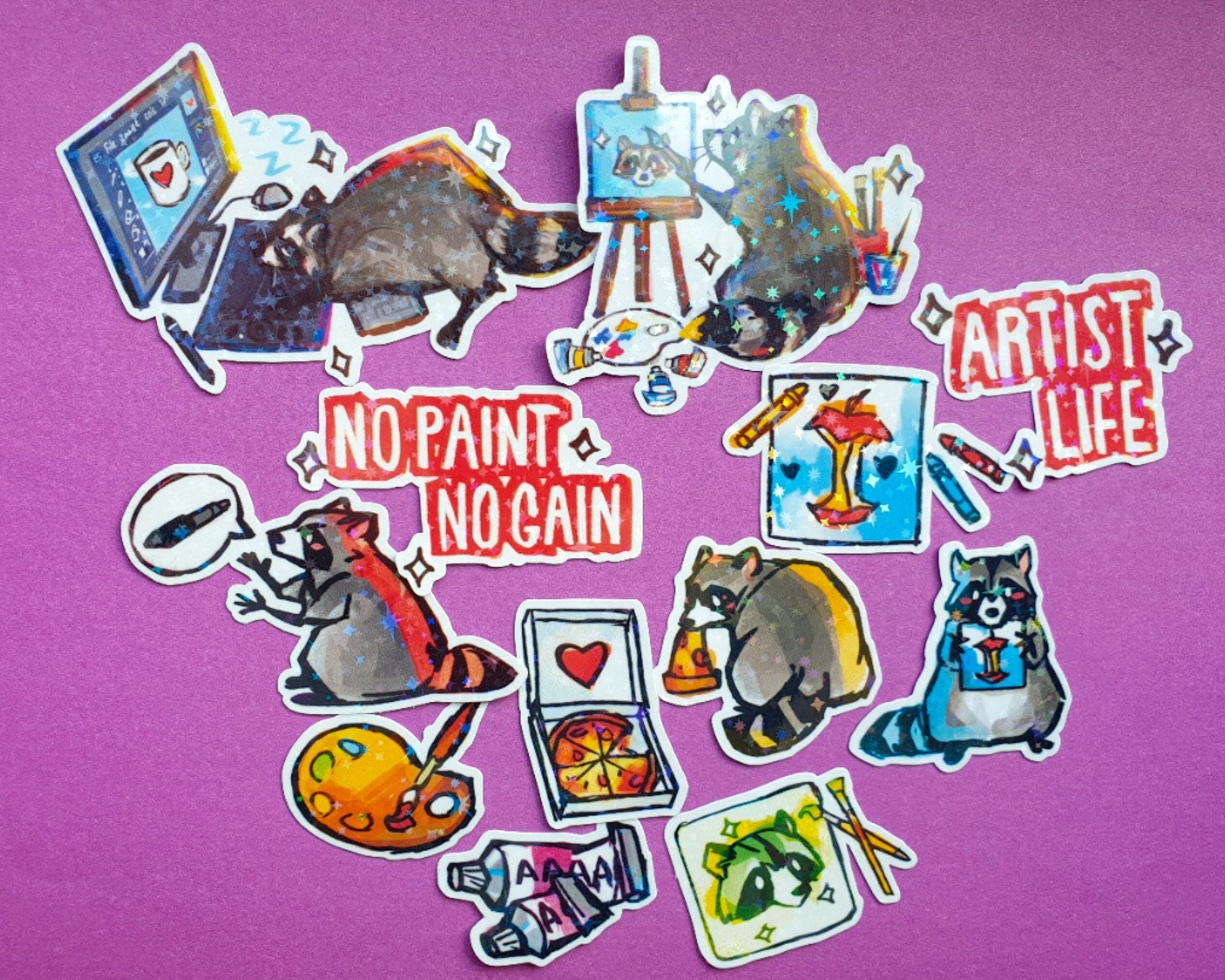 Artist Raccoon Sticker Pack - 12 Holographic Vinyl Stickers ...