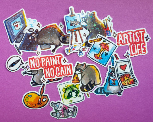 Artist Raccoon Sticker Pack - 12 Holographic Vinyl Stickers